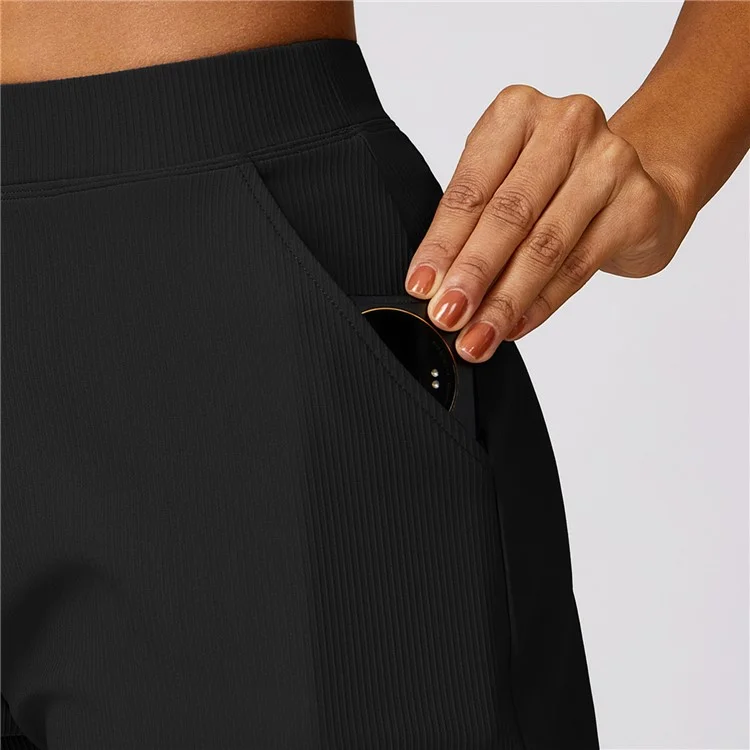 8526 Women Ribbed High Waist Yoga Shorts with Pockets for Gym Cycling Running - Black / M