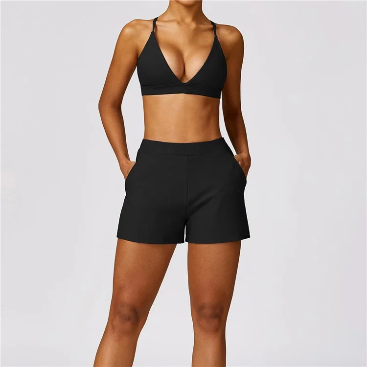 8526 Women Ribbed High Waist Yoga Shorts with Pockets for Gym Cycling Running - Black / M