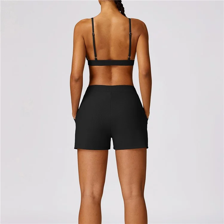 8526 Women Ribbed High Waist Yoga Shorts with Pockets for Gym Cycling Running - Black / M