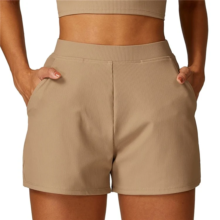 8526 Women Ribbed High Waist Yoga Shorts with Pockets for Gym Cycling Running - Bronze / M