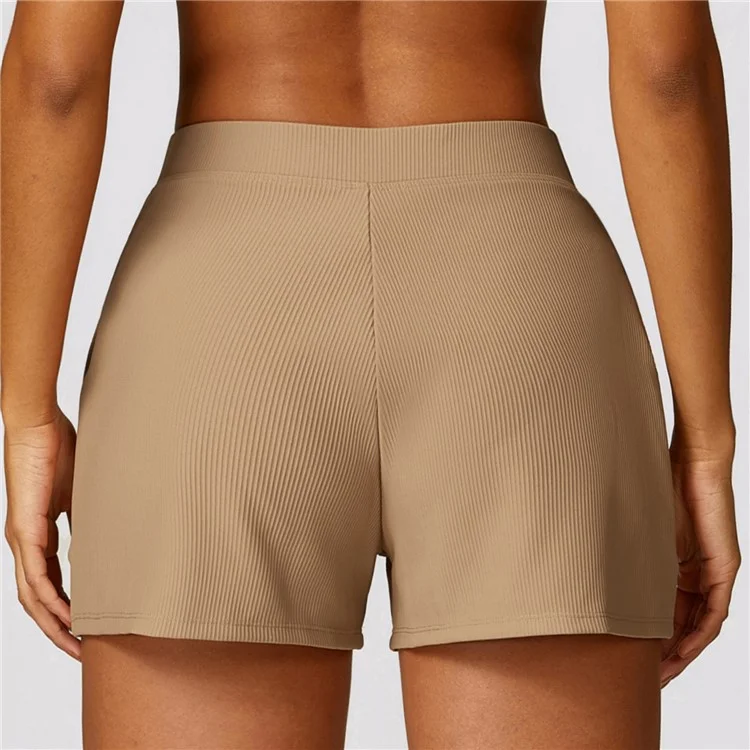 8526 Women Ribbed High Waist Yoga Shorts with Pockets for Gym Cycling Running - Bronze / M