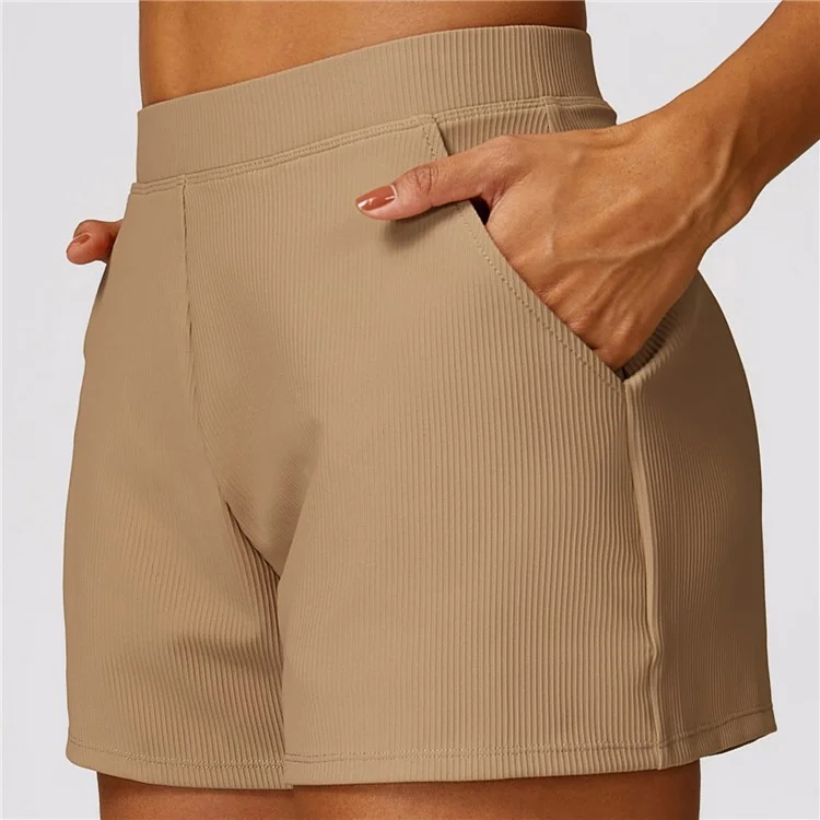 8526 Women Ribbed High Waist Yoga Shorts with Pockets for Gym Cycling Running - Bronze / M