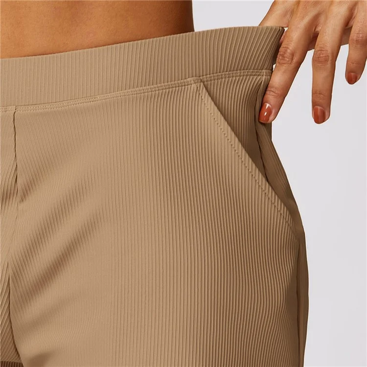 8526 Women Ribbed High Waist Yoga Shorts with Pockets for Gym Cycling Running - Bronze / M