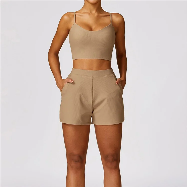 8526 Women Ribbed High Waist Yoga Shorts with Pockets for Gym Cycling Running - Bronze / M