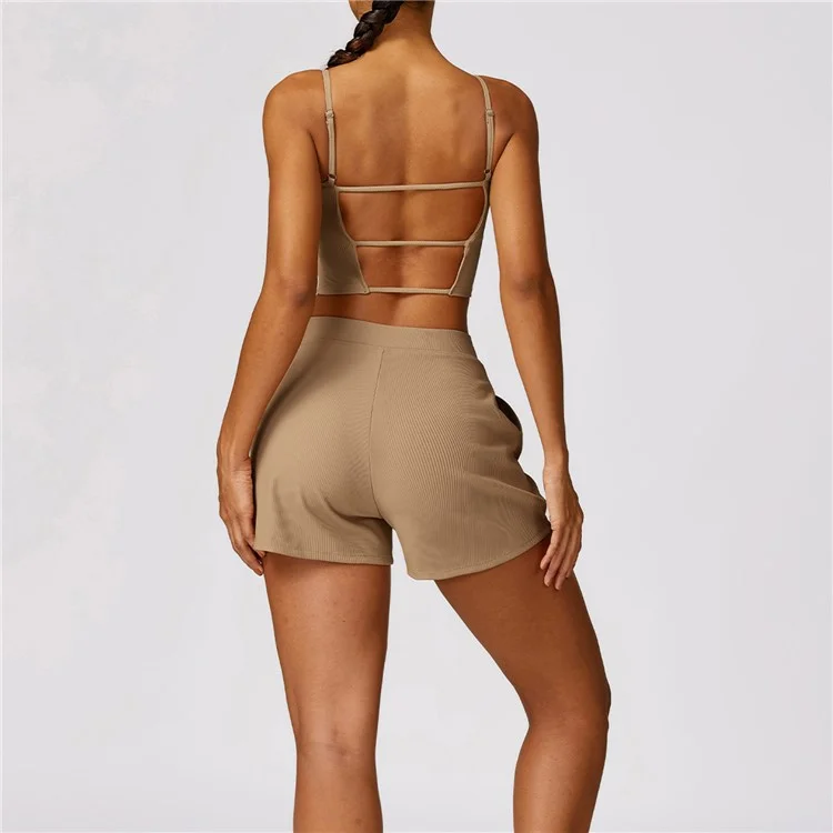 8526 Women Ribbed High Waist Yoga Shorts with Pockets for Gym Cycling Running - Bronze / M