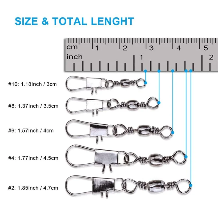 100 pezzi / scatola Cuscinetti a sfera in metallo per pesca Rolling Ball Swivels Connettori di sicurezza Accessori per la pesca