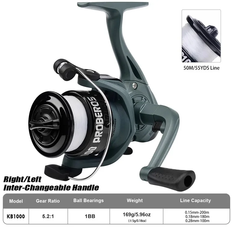 PROBEROS Fishing Reel 1BB 5.2:1 High Speed Spinning Reel with 50m Wire - KB1000