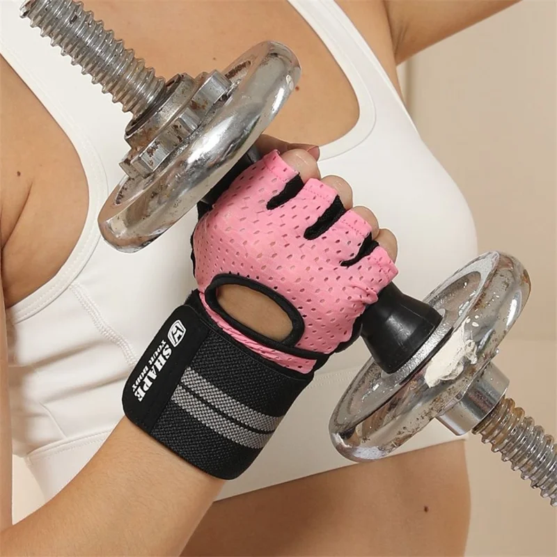 WOSWEIR HA0124 1 Pair Half Finger Gym Fitness Gloves Wide Wrist Band Anti-Slip Hand Protection Gloves - Pink M
