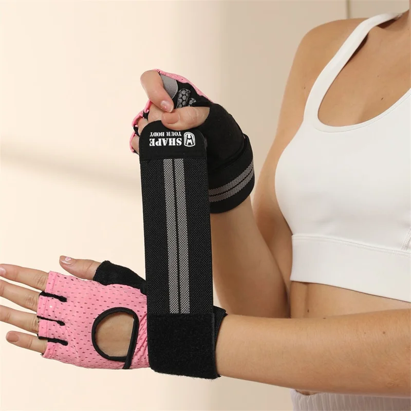 WOSWEIR HA0124 1 Pair Half Finger Gym Fitness Gloves Wide Wrist Band Anti-Slip Hand Protection Gloves - Pink M