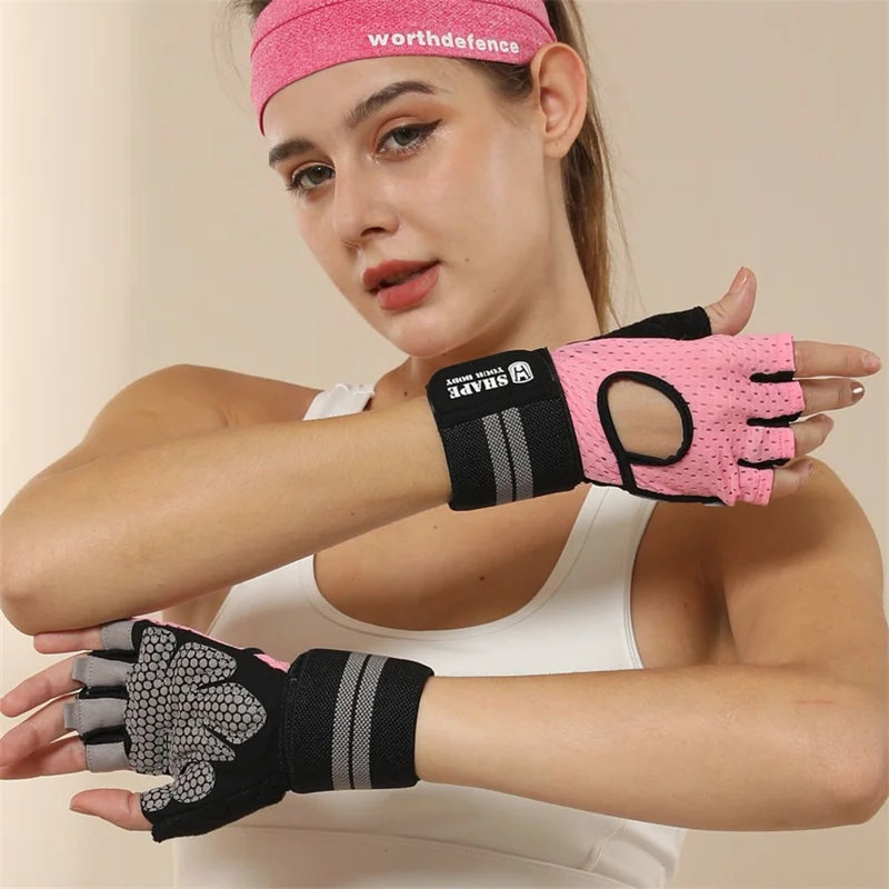 WOSWEIR HA0124 1 Pair Half Finger Gym Fitness Gloves Wide Wrist Band Anti-Slip Hand Protection Gloves - Pink M