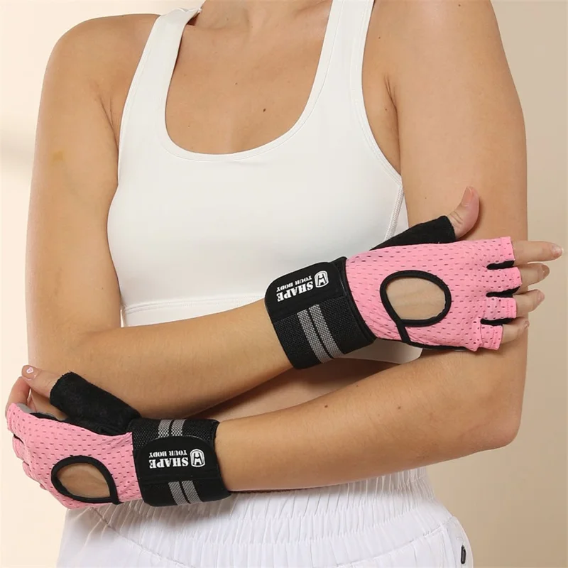 WOSWEIR HA0124 1 Pair Half Finger Gym Fitness Gloves Wide Wrist Band Anti-Slip Hand Protection Gloves - Pink M