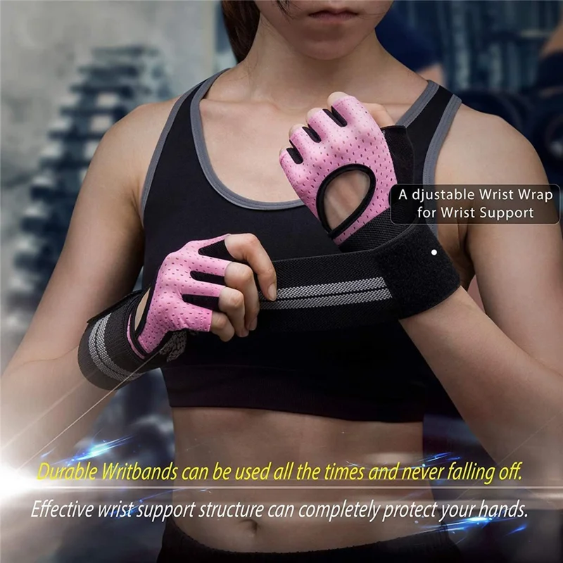 WOSWEIR HA0124 1 Pair Half Finger Gym Fitness Gloves Wide Wrist Band Anti-Slip Hand Protection Gloves - Pink M