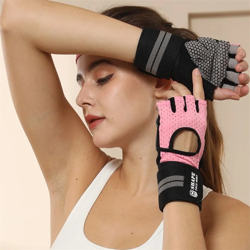 WOSWEIR HA0124 1 Pair Half Finger Gym Fitness Gloves Wide Wrist Band Anti-Slip Hand Protection Gloves - Pink M