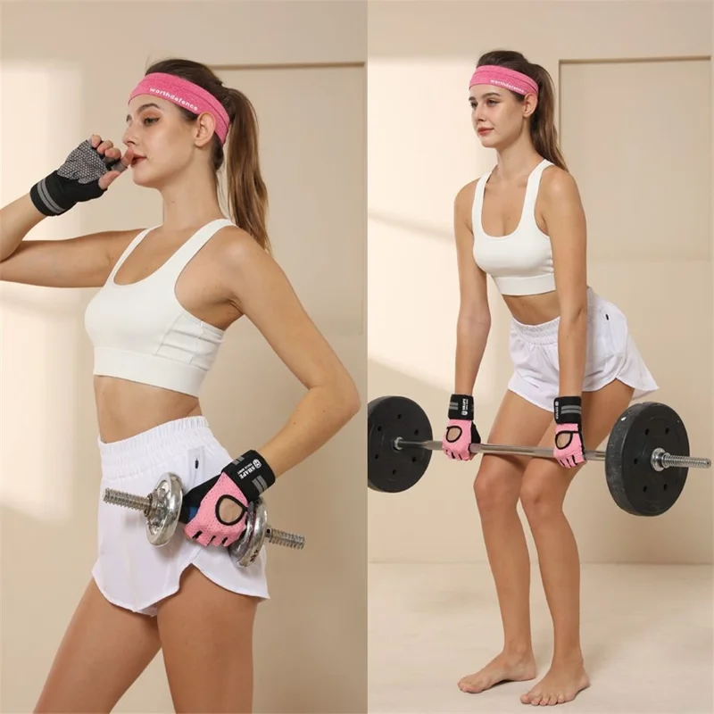 WOSWEIR HA0124 1 Pair Half Finger Gym Fitness Gloves Wide Wrist Band Anti-Slip Hand Protection Gloves - Pink M