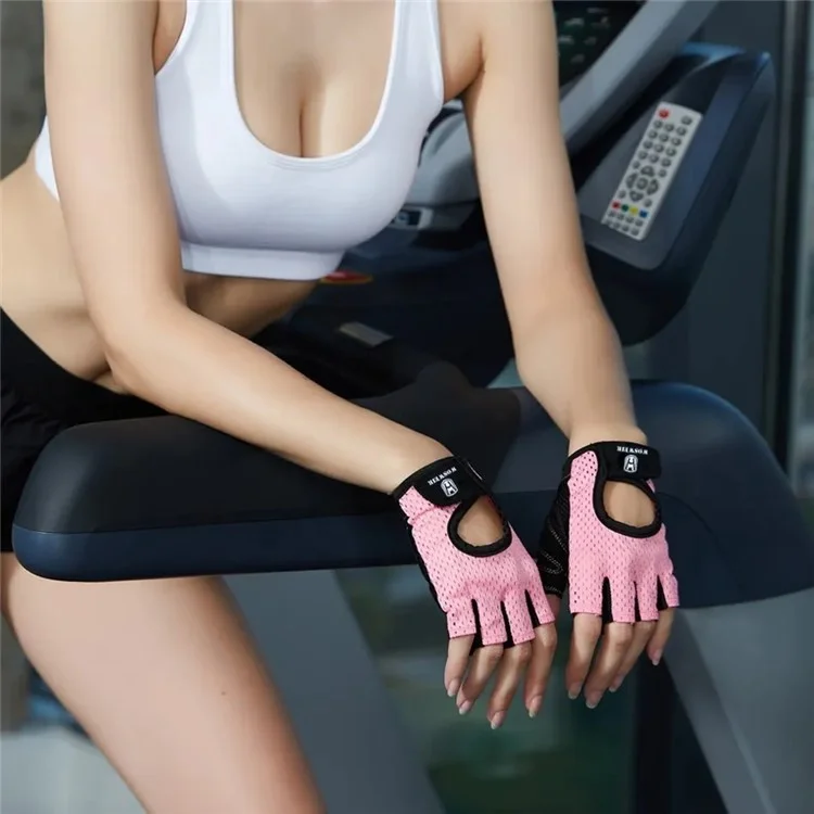 WOSWEIR HA0202 1 Pair Half Finger Fitness Gloves Weightlifting Crossfit Breathable Hand Protection Gloves - Pink M