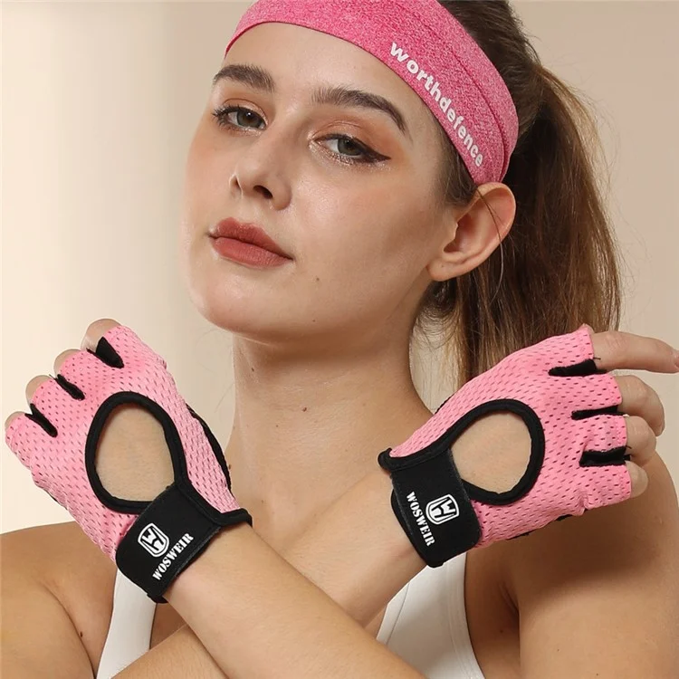 WOSWEIR HA0202 1 Pair Half Finger Fitness Gloves Weightlifting Crossfit Breathable Hand Protection Gloves - Pink XL