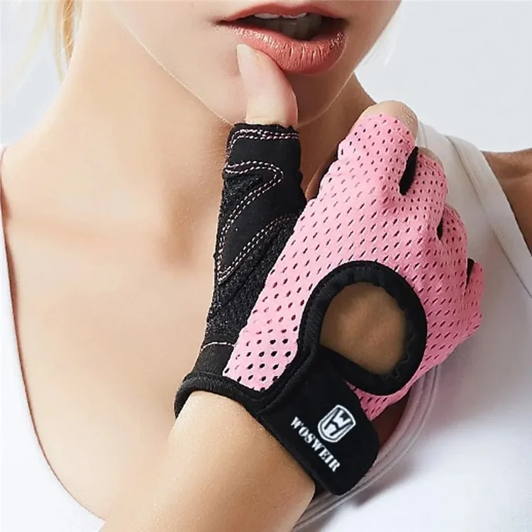 WOSWEIR HA0202 1 Pair Half Finger Fitness Gloves Weightlifting Crossfit Breathable Hand Protection Gloves - Pink XL