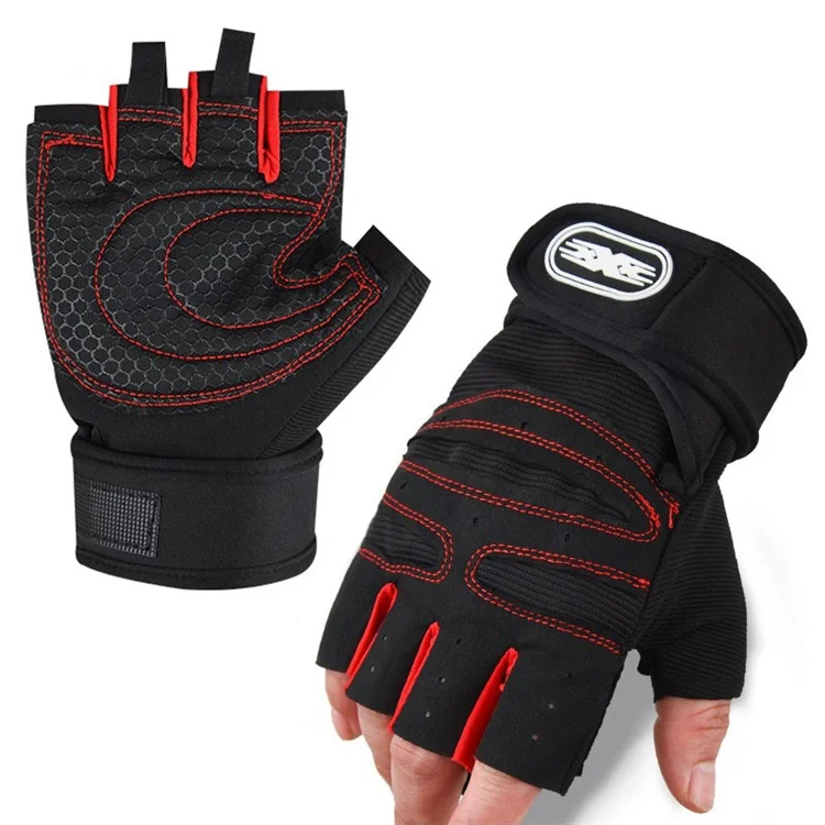 1 Pair Half Finger Fitness Gloves with Wrist Support Anti Slip Breathable Gloves for Workout Weightlifting - Red  /  M