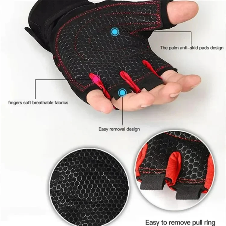 1 Pair Half Finger Fitness Gloves with Wrist Support Anti Slip Breathable Gloves for Workout Weightlifting - Red  /  M