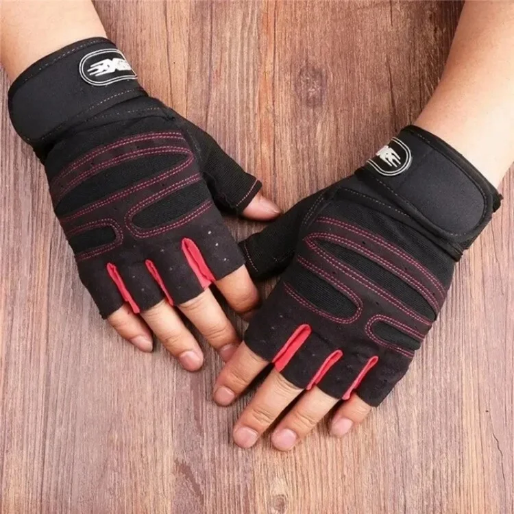 1 Pair Half Finger Fitness Gloves with Wrist Support Anti Slip Breathable Gloves for Workout Weightlifting - Red  /  M