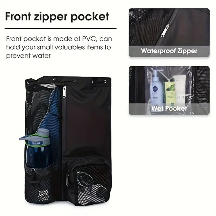 A4011 Mesh Drawstring Backpack Gym Pool Beach Swimming Bag with Wet Pocket - Black