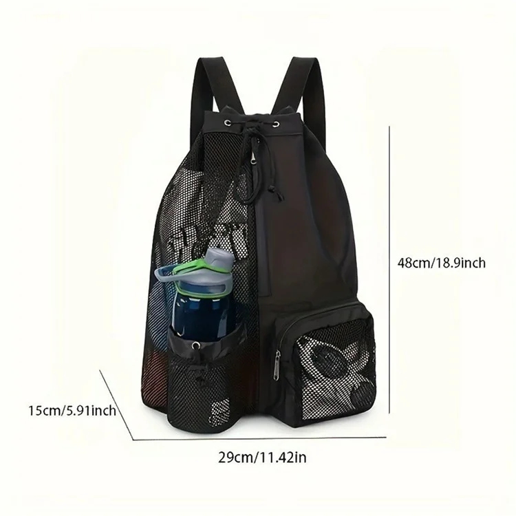 A4011 Mesh Drawstring Backpack Gym Pool Beach Swimming Bag with Wet Pocket - Black