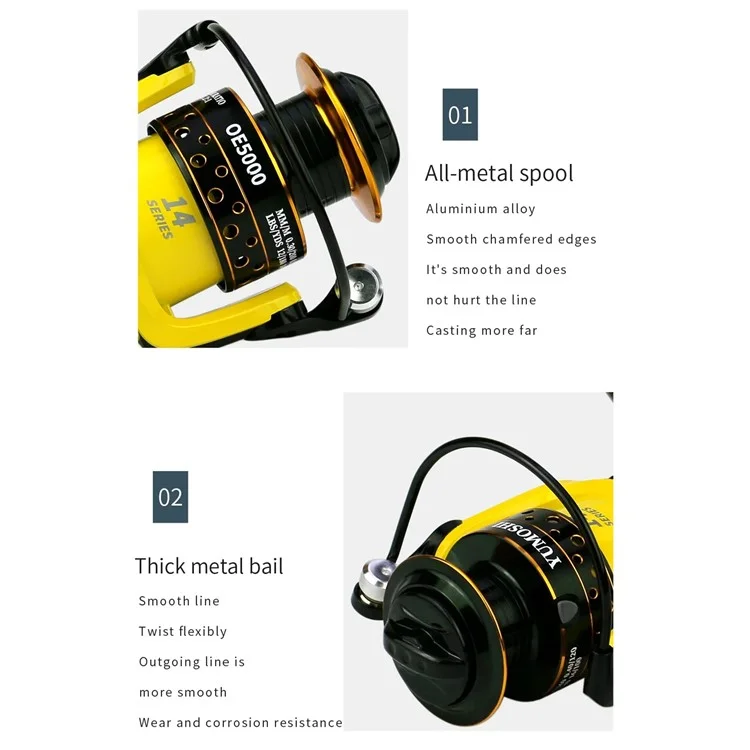 YUMOSHI OE7000 Metal Spool Fishing Reel Baitcasting Spinning Reel with Foldable Interchangeable Handle