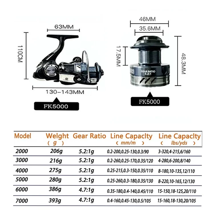GOLD SHARKING FK5000 Mulinello da Pesca a 14 Assi Completamente in Metallo con Impugnatura EVA e Manico Intercambiabile