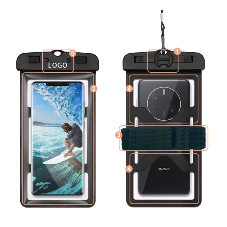 IPX8 Waterproof Phone Pouch Dual Locks Phone Holder PVC Clear Cellphone Dry Bag for Phone within 6.5'' - Black