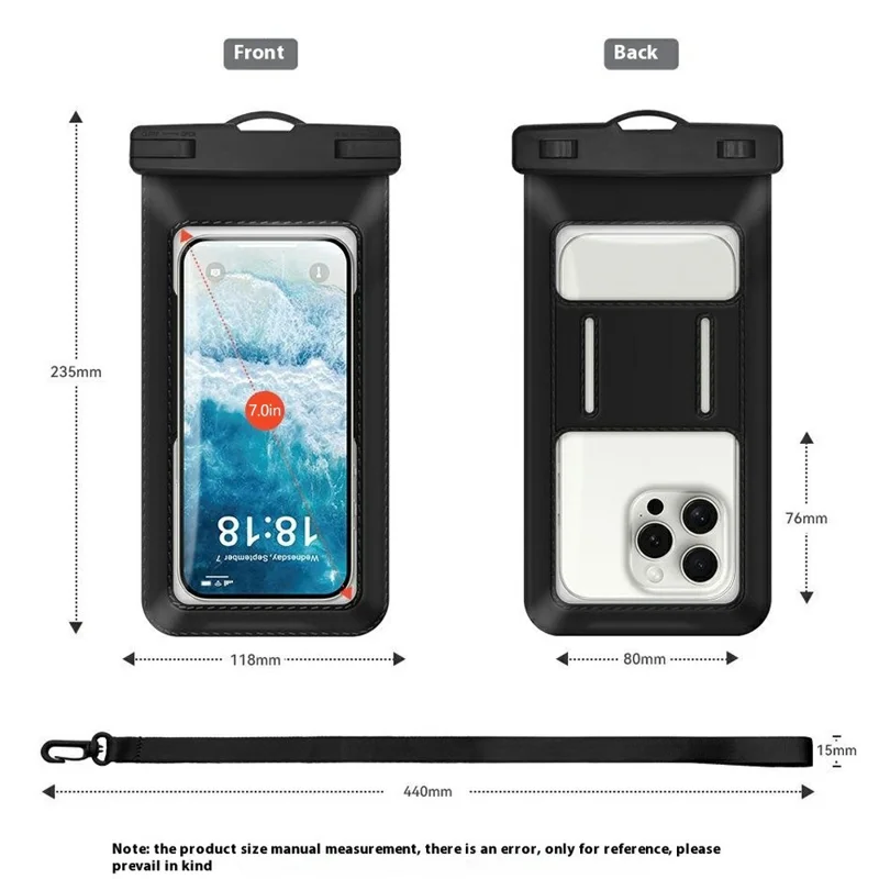 Pochette étanche pour téléphone avec sangle pratique pour la natation pour les smartphones de moins de 7,2 pouces, sac résistant à l'eau IPX8 - Noir