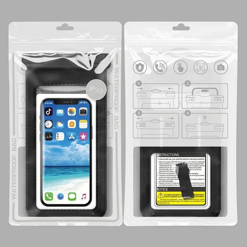 Pochette étanche pour téléphone avec sangle pratique pour la natation pour les smartphones de moins de 7,2 pouces, sac résistant à l'eau IPX8 - Noir