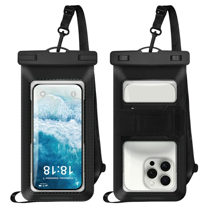 Pochette étanche 2 en 1 avec cordon réglable / Brassard pour téléphones de moins de 7,2 pouces, sac résistant à l'eau IPX8 - Noir