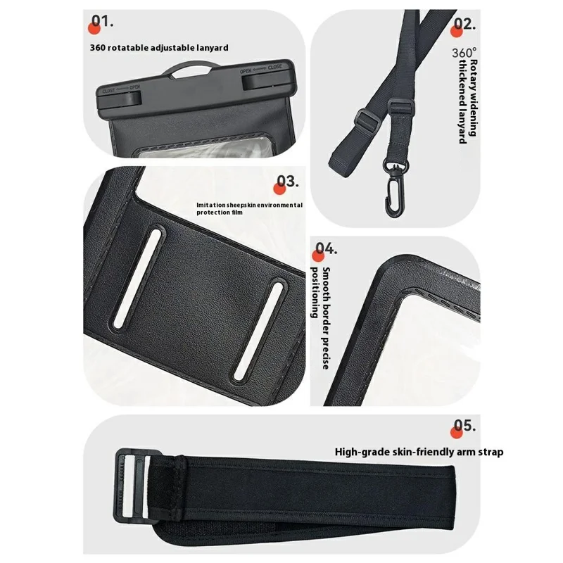 Pochette étanche 2 en 1 avec cordon réglable / Brassard pour téléphones de moins de 7,2 pouces, sac résistant à l'eau IPX8 - Noir