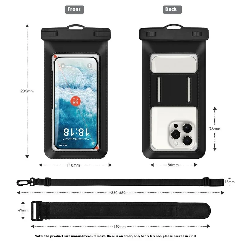 Pochette étanche 2 en 1 avec cordon réglable / Brassard pour téléphones de moins de 7,2 pouces, sac résistant à l'eau IPX8 - Noir