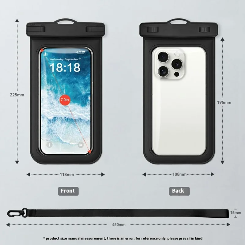 PVC Transparente wasserdichte Handyhülle für Smartphones bis zu 7,0 Zoll IPX8 wasserdichte Handytasche - Schwarz