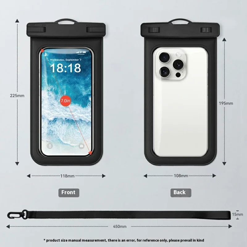 Bolsa Impermeável Transparente de TPU para Dispositivos até 7,0 Polegadas - Capa à Prova d'Água IPX8 com Sensibilidade de Tela Sensível ao Toque - Preto