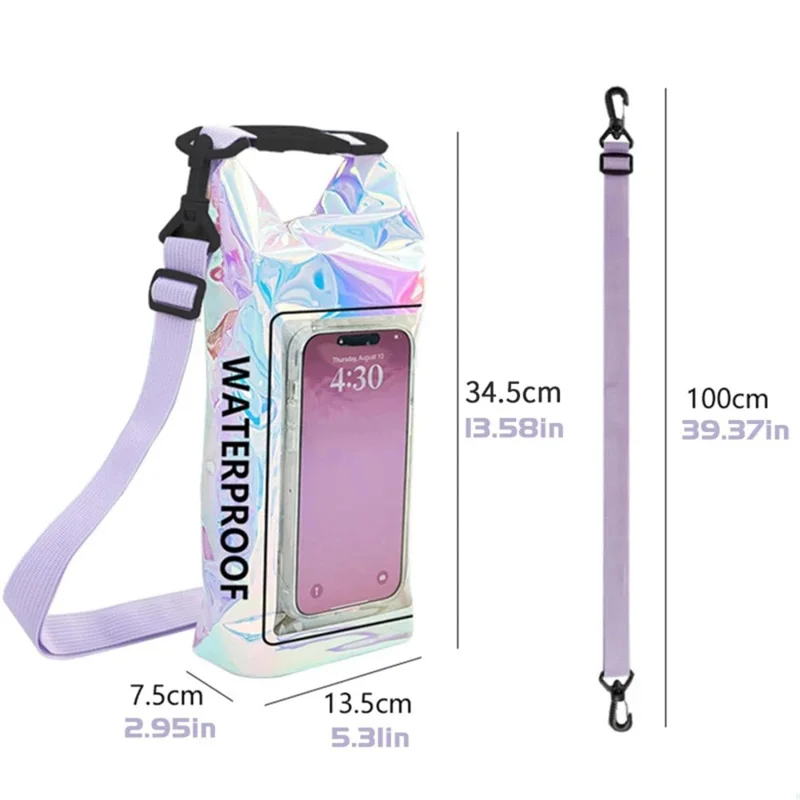 Borsa Asciutta Impermeabile Colorata da 2L per Cellulari con Touch Screen, Nuoto e Spiaggia - Borsa a Tracolla Roll Top in PVC 500D