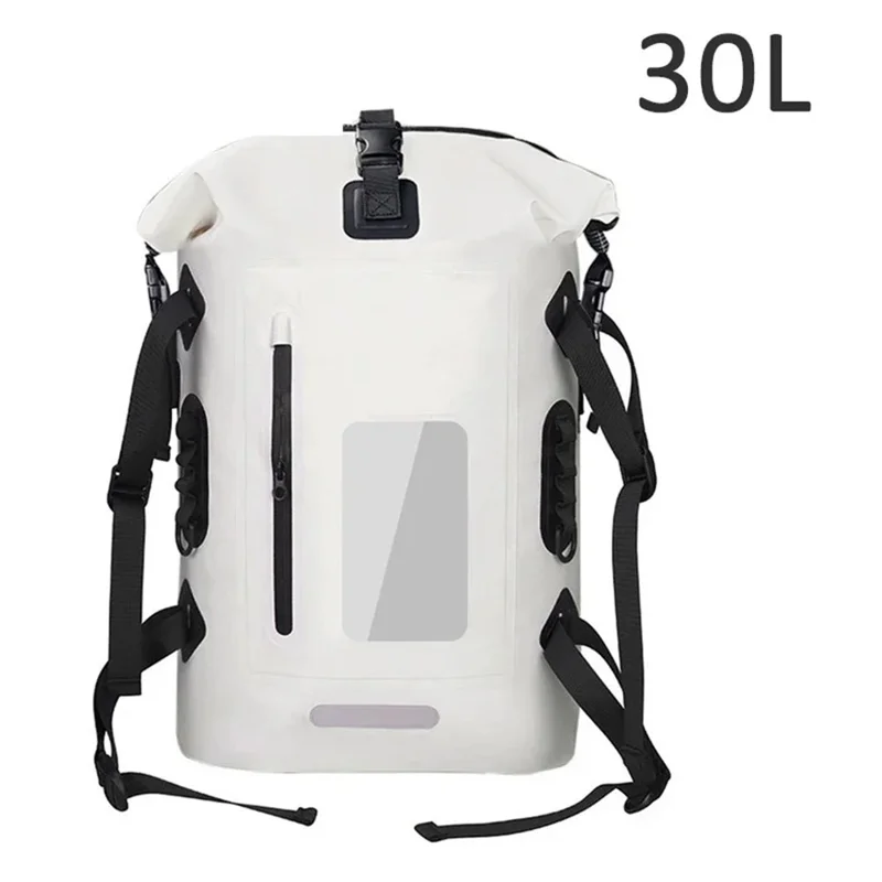 30L Wasserdichter Outdoor-Rucksack für Radfahren, Camping und Wassersport - Große Kapazität, Reflektierend, 500D PVC Dry Bag - Weiß