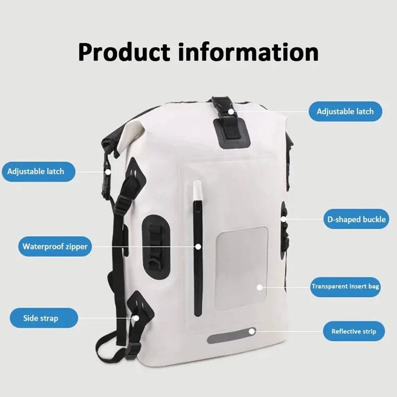 30L Wasserdichter Outdoor-Rucksack für Radfahren, Camping und Wassersport - Große Kapazität, Reflektierend, 500D PVC Dry Bag - Weiß