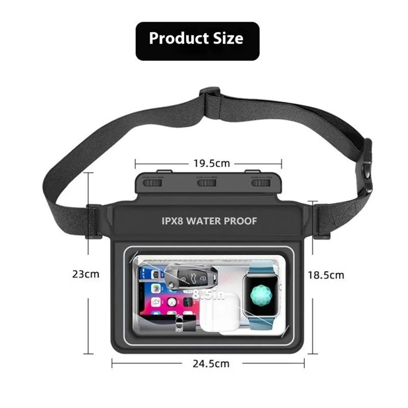 Borsa impermeabile PVC per vita con spugna, per spiaggia, nuoto e pesca, custodia asciutta per telefono, 24,5x18,5 cm - Nero
