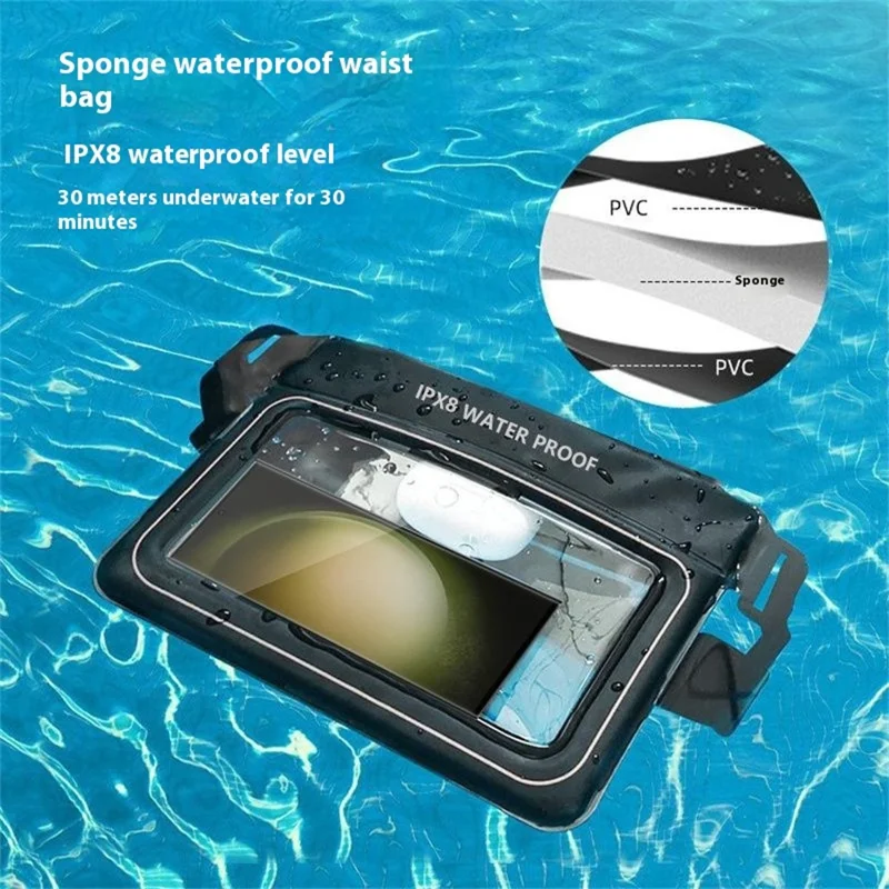 Borsa impermeabile PVC per vita con spugna, per spiaggia, nuoto e pesca, custodia asciutta per telefono, 24,5x18,5 cm - Nero