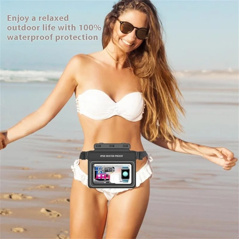Borsa impermeabile PVC per vita con spugna, per spiaggia, nuoto e pesca, custodia asciutta per telefono, 24,5x18,5 cm - Nero