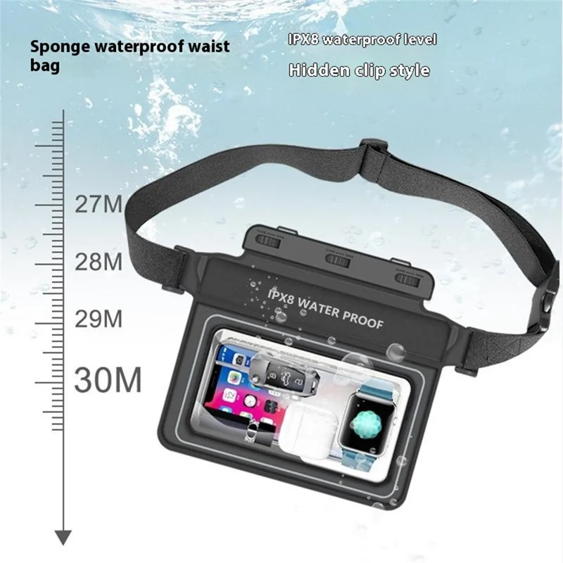 Borsa impermeabile PVC per vita con spugna, per spiaggia, nuoto e pesca, custodia asciutta per telefono, 24,5x18,5 cm - Nero
