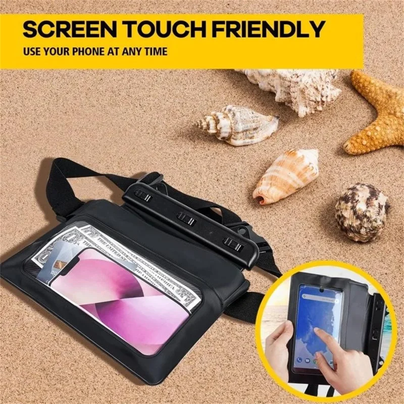 Borsa impermeabile PVC per vita con spugna, per spiaggia, nuoto e pesca, custodia asciutta per telefono, 24,5x18,5 cm - Nero
