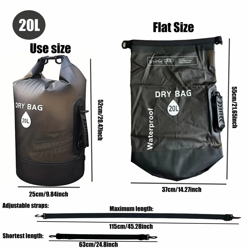 Bolsa Seca Impermeable de 20L de Tela PVC 500D para Exteriores, Natación y Almacenamiento con 2 Correas para Hombros - Negro