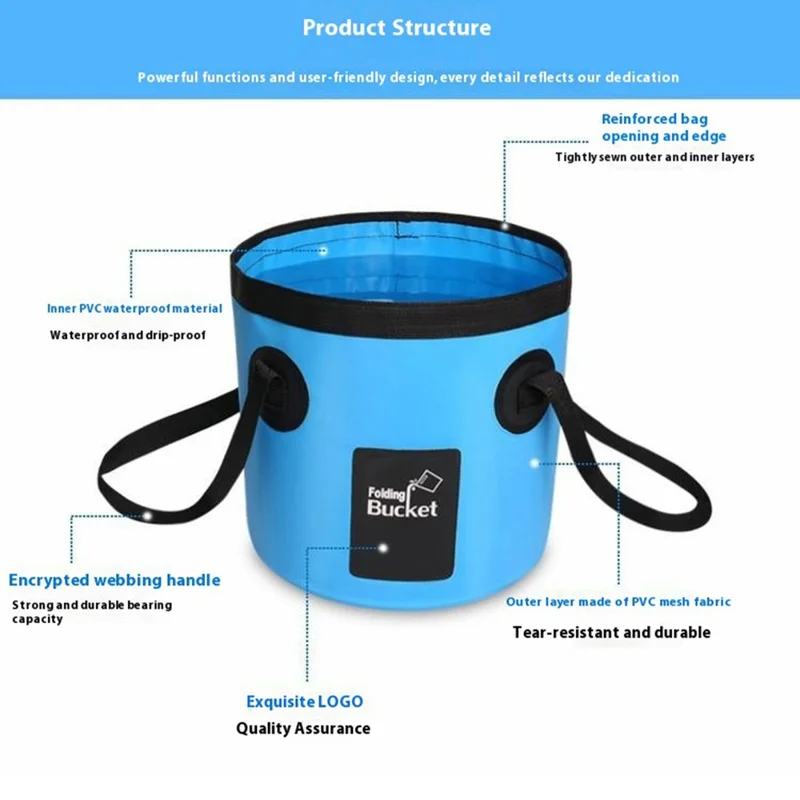 Balde de Água Dobrável para Exterior de 12L com Alças Duplas - Balde Portátil para Pesca, Lavagem de Carro - Tamanho P - Azul Céu