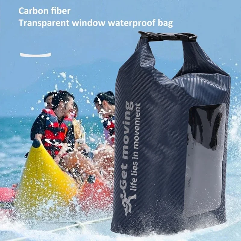 2L Carbon Fiber Waterproof Dry Bag Touch Screen PVC Clear Window Roll Top Swimming Phone Storage Bag - White