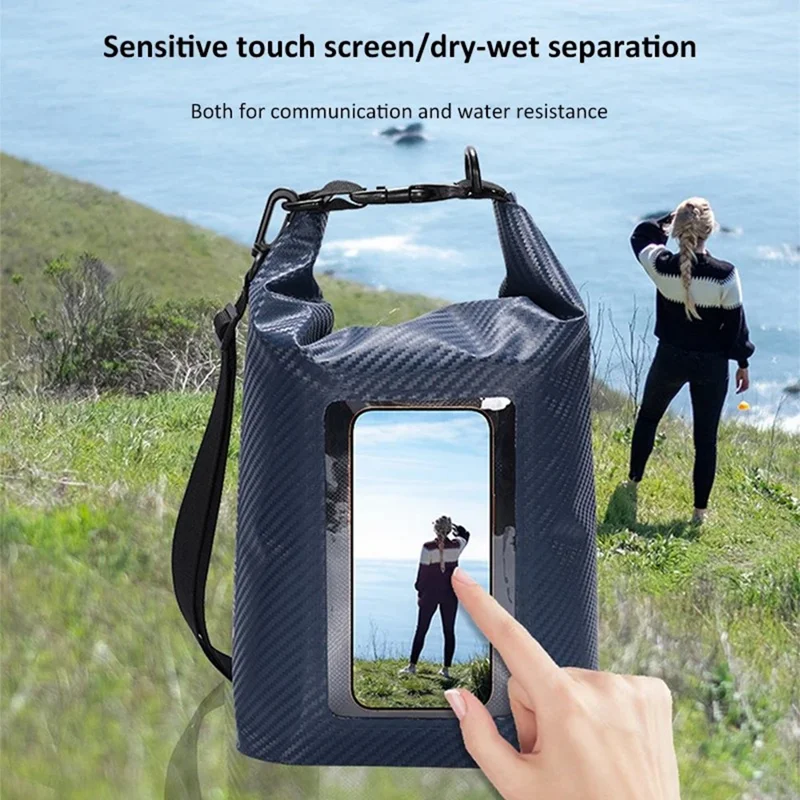 2L Carbon Fiber Waterproof Dry Bag Touch Screen PVC Clear Window Roll Top Swimming Phone Storage Bag - White