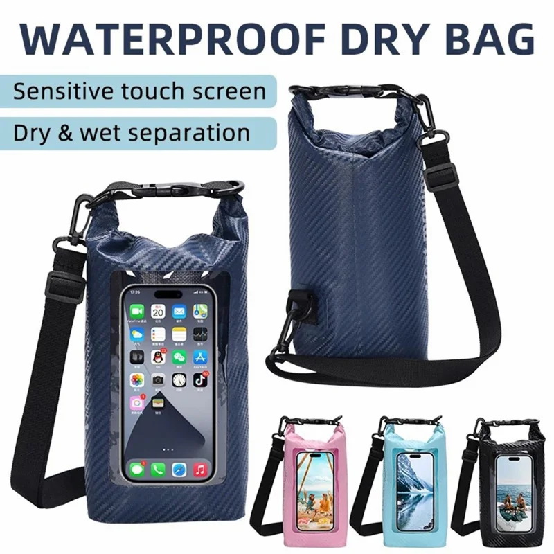 2L Carbon Fiber Waterproof Dry Bag Touch Screen PVC Clear Window Roll Top Swimming Phone Storage Bag - White