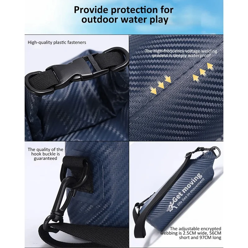 2L Carbon Fiber Waterproof Dry Bag Touch Screen PVC Clear Window Roll Top Swimming Phone Storage Bag - White